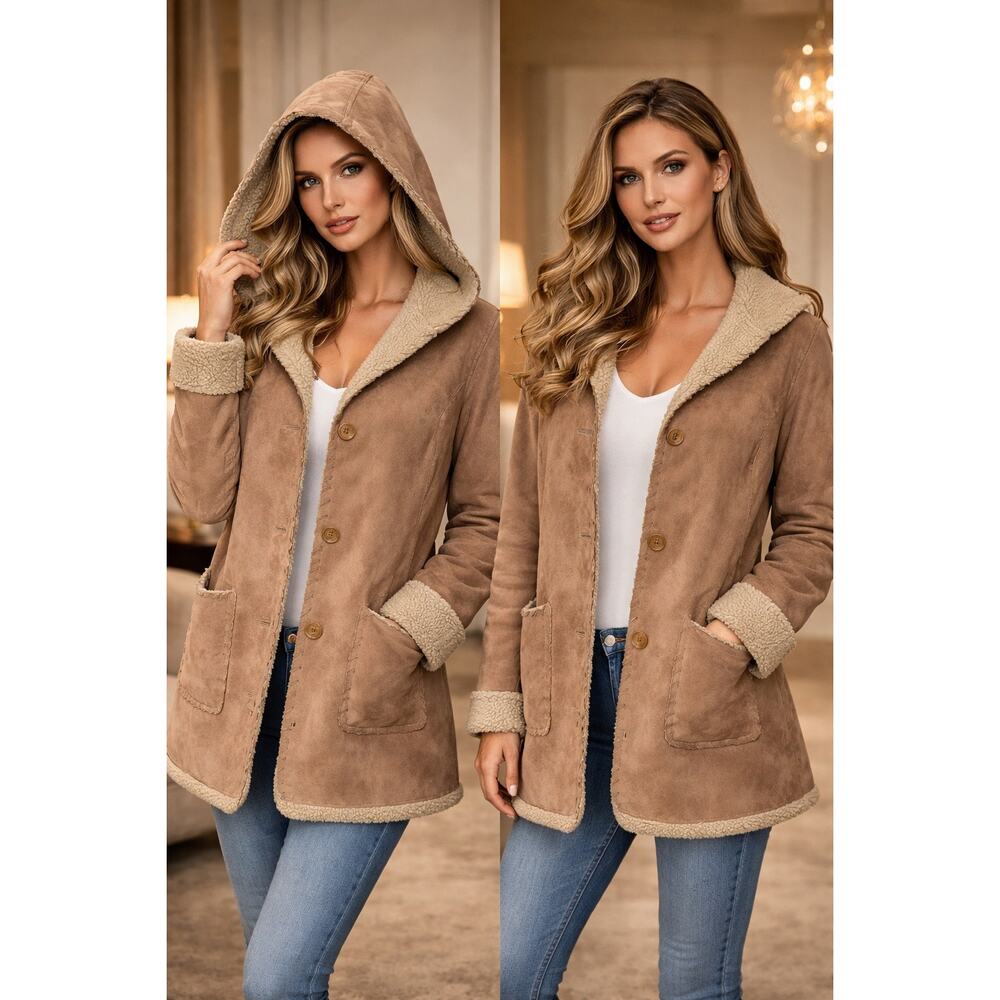 Utex Design Hooded Faux Shearling Jacket 1X Tan Cozy Coat